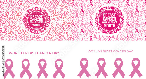 Pink ribbon pattern and circular emblem design for breast cancer awareness month and world breast cancer day events