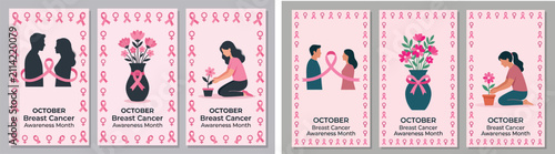 Set of illustrations for breast cancer awareness month featuring pink ribbons and supportive community care themes