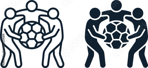 Teamwork soccer icon set. People holding a football ball together as a group concept.