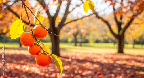 Ripe orange persimmons hang from a branch with autumn leaves and trees in the background fruit