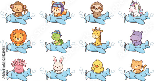 Photography Cute Cartoon Animal Pilots Flying Blue Planes Vector Set Featuring Lion, Monkey,
