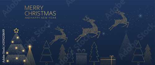 Merry Christmas and Happy New Year. A luxurious horizontal banner with golden Christmas trees and reindeer. A winter festive banner on a dark blue background.