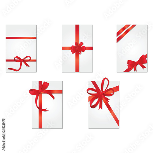 Collection of blank gift cards with realistic red satin ribbons and bows isolated on white background, vector 3D illustration set of greeting card frames, Christmas voucher templates, and present box 