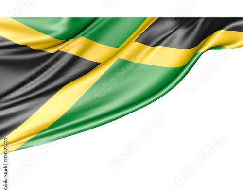 Картината върху платно Waving jamaican flag with black saltire and gold cross on transparent background