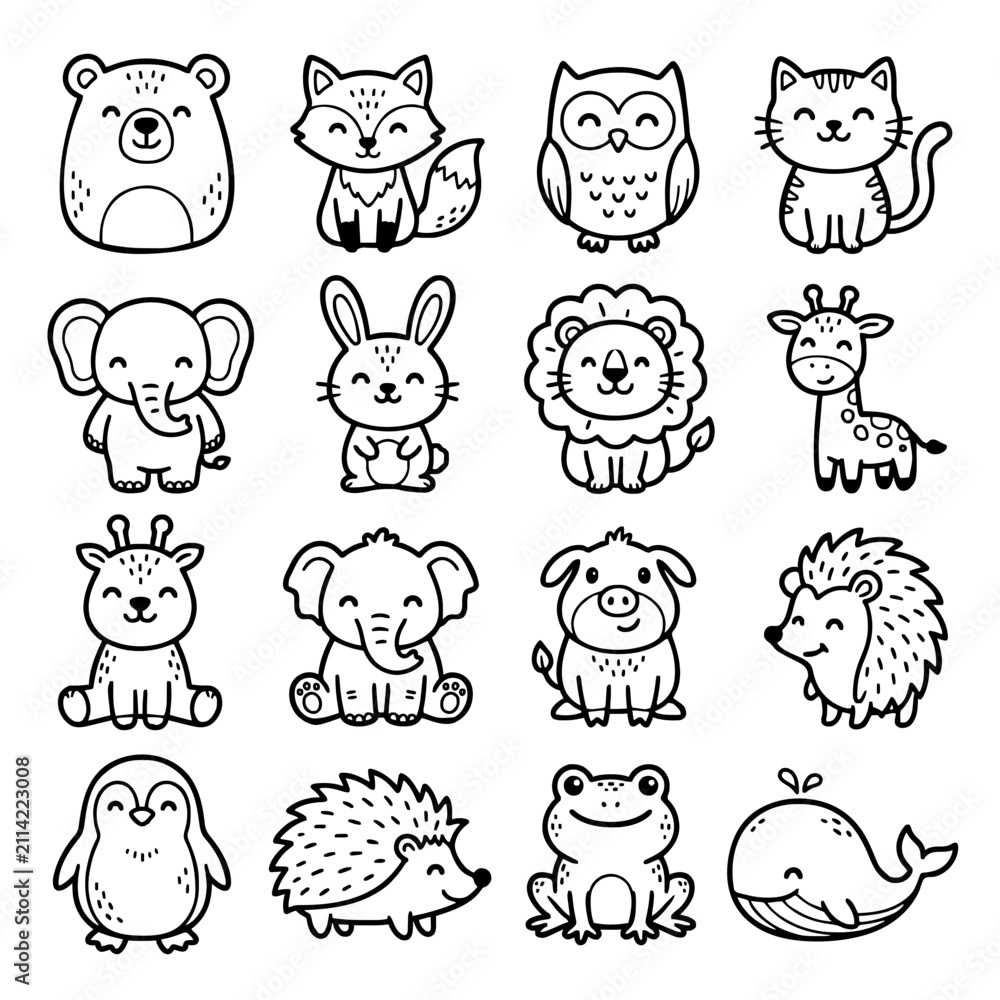 Obraz premium Cute Hand Drawn Animal Doodle Collection Black and White Vector Set