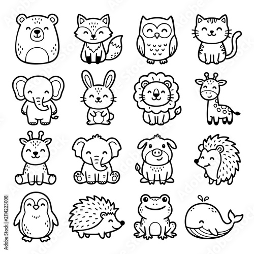 Cute Hand Drawn Animal Doodle Collection Black and White Vector Set