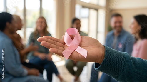 Hand holding pink ribbon for cancer awareness. Support group meeting for health recovery.
