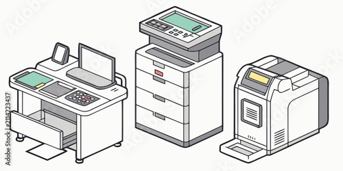 Konstfotografi Set of five office technology devices, printers and copiers, white and gray, iso