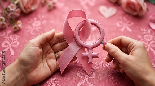 Pink ribbon with female symbol. Breast cancer awareness month concept for women health.