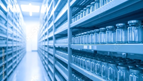 Organized Pharmacy Aisle with Shelves Glass Jars