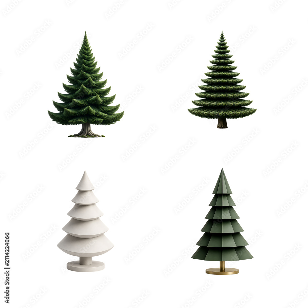 Obraz premium Collection of four different stylized christmas tree designs isolated on transparent background
