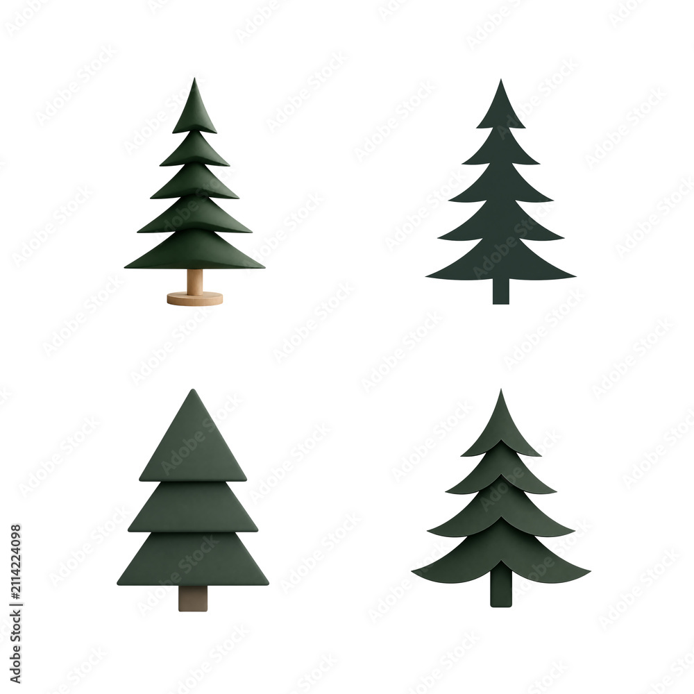 Fototapeta premium Set of four stylized 3d pine tree icons isolated on transparent background
