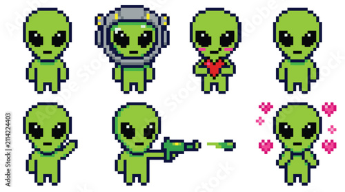 Extraterrestrial alien themed element pack, retro pixel art style, space explorers, cosmic travelers, robots, hearts, and lasers