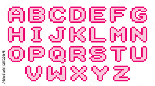 Alphabet typography letter element pack, retro pixel style, pink square characters, uppercase letters, and fonts