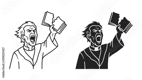 Foto Raging Clergyman Rips Book: A furious clergyman, in a fit of rage, tears apart a religious book, his face contorted in anguish and anger