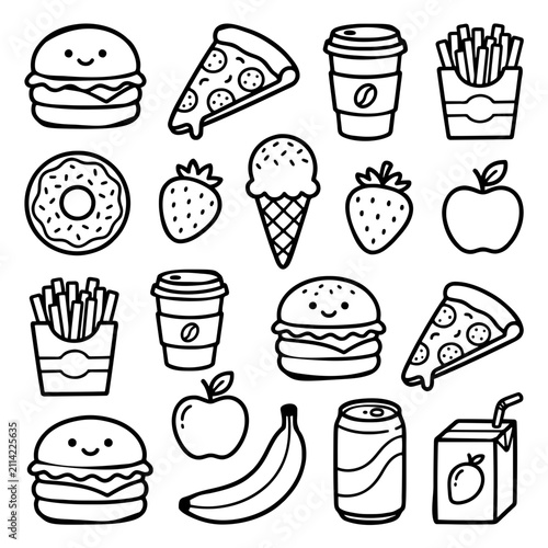 Cute Hand Drawn Food Doodle Collection Black and White Vector Icons