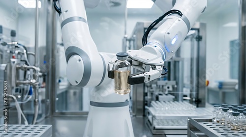 Robotic arm handling medical vial. Automated pharmaceutical manufacturing in clean room lab.