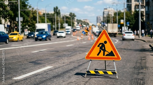 Road construction warning sign on city street. Traffic caution signal for road maintenance.