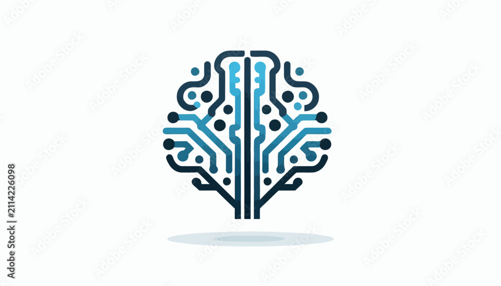 Fototapeta premium Stylized digital brain icon with circuit board pathways in blue and dark grey, representing artificial intelligence and technology.