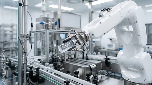 Robotic arm in pharmaceutical factory. Automated machine manufacturing medical vials.