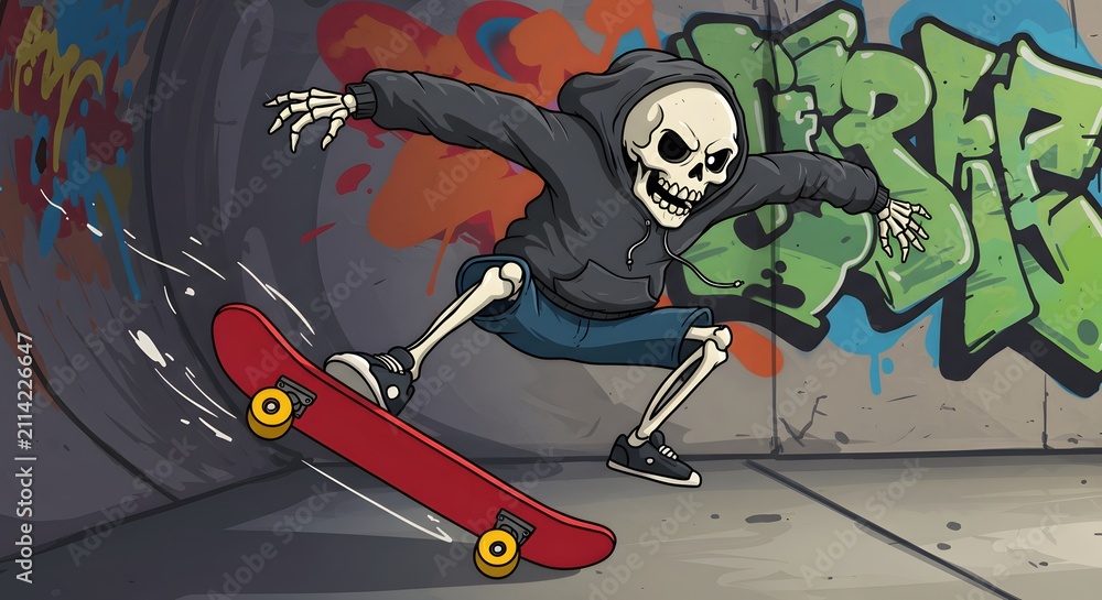 Obraz premium Skull Skeleton Skateboarder Wearing Hoodie and Jeans Performing Trick in Graffiti Tunnel