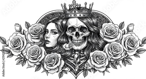 Dark Gothic Queen Skull with Crown Surrounded by Roses in Black and White Illustration