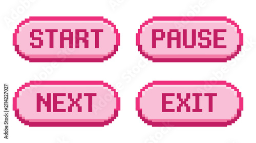 Video game interface element pack, colorful pixel style, start, pause, next, exit, navigation, and menu control buttons