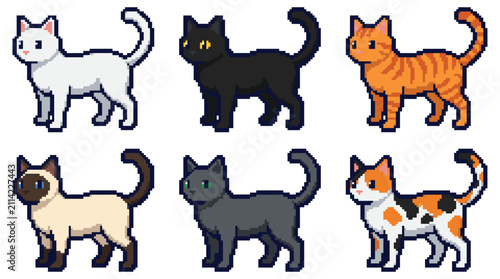 Domestic cat pet collection pixel art style, white, black, ginger tabby, siamese, grey, calico, and feline breeds.