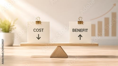 Wooden balance scale weighing cost and benefit paper cards in a bright office setting with rising financial chart representing business planning and ROI analysis