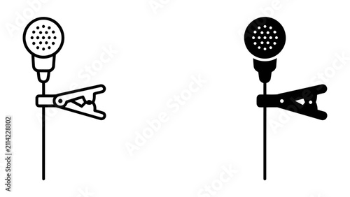Obraz na plátne Lapel Microphone Icons: Two line art icons depicting lapel microphones with clips, presented in black and white, suitable for various media and technology-related applications