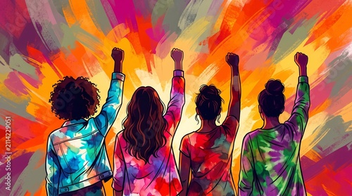 Colorful illustration of a group of women raising their fists. Gender equality and International Women's Day concept.
