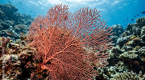 Red sea fan coral underwater. Vibrant gorgonian coral reef ecosystem in deep blue ocean.