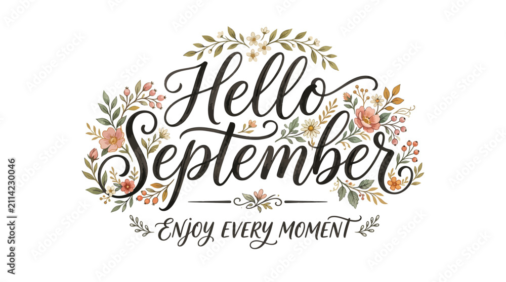 Fototapeta premium Hello September Calligraphy with Floral Decorative Wreath Design