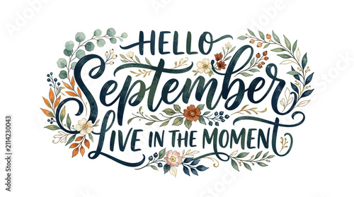 Hello September Calligraphy with Autumn Floral Wreath