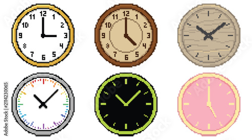 Time and chronology themed element pack, retro pixelated style, vintage circular dials, numeric faces, modern markers, and wall timers.