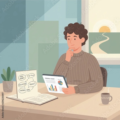 Financial Planning After Divorce Concept with Personal Budget Review, Future Goals and Life Transition Recovery Background