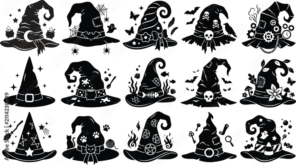 Fototapeta premium A comprehensive halloween vector bundle featuring various decorative witch hat designs with magical elements for spooky holiday graphic projects