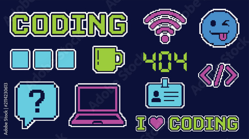 Software development sticker set, colorful retro pixel style, laptop, wifi, emoticon, identification, cup, code, and error