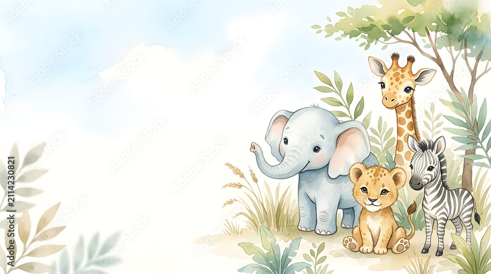 Obraz premium Cute watercolor safari animals. Baby jungle creatures illustration for nursery decor.