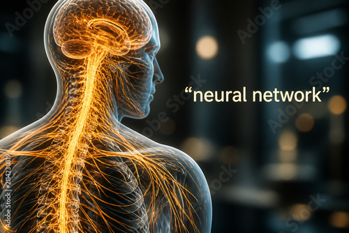 A glowing, wireframe human figure representing a neural network in a dark, blurred setting.