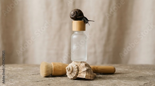 Snail mucin serum bottle on stone. Organic skincare product with natural snail extract.
