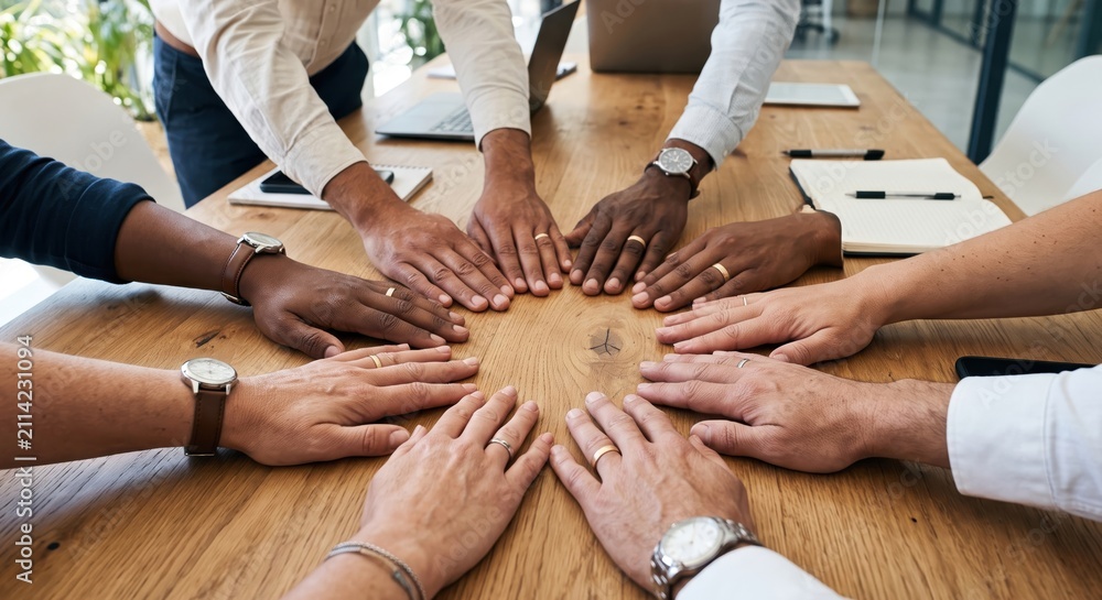 Obraz premium Diverse Business Team Placing Hands Together In A Circle On Office Desk For Unity Collaboration Growth Professional Synergy And Inclusive Corporate