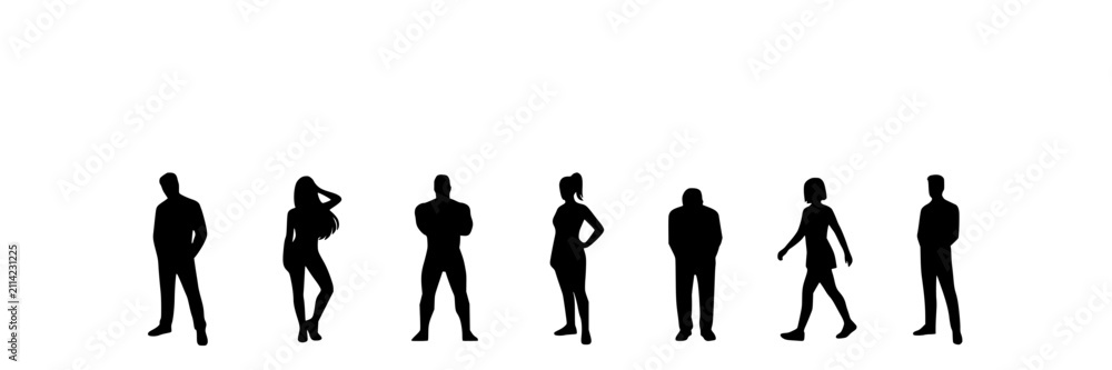 Fototapeta premium People Standing in Various Poses in a Line as Silhouettes Featuring Diverse, Figures, Black with White and Group Elements