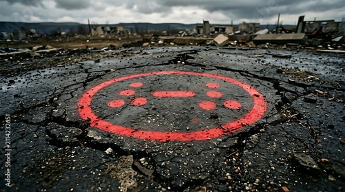 Helipad landing zone in a war zone. Destroyed city area with red painted helicopter marker.