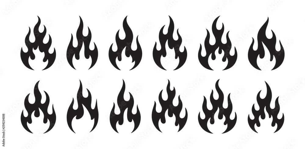 Naklejka premium Set of Individual Fire Flame Silhouette Icons and Symbols
