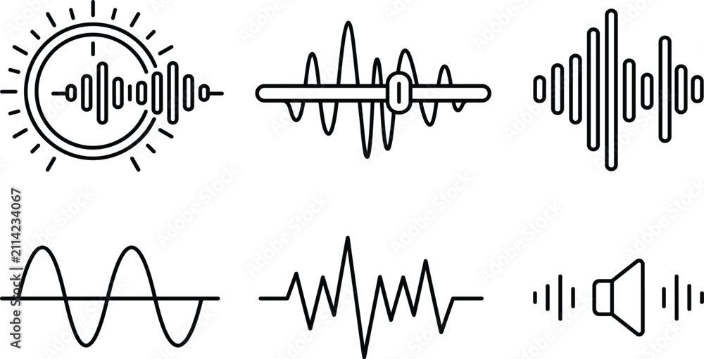 Obraz premium Audio Sound Wave and Equalizer Line Art Icon Set with Speaker and Fader,