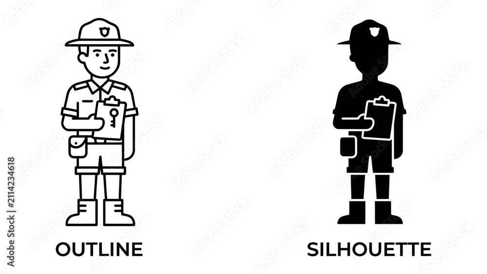 Fototapeta premium Park Ranger Uniform and Silhouette: A professional park ranger in uniform, shown in both outline and silhouette form, holding a clipboard, ready for duty in the great outdoors.