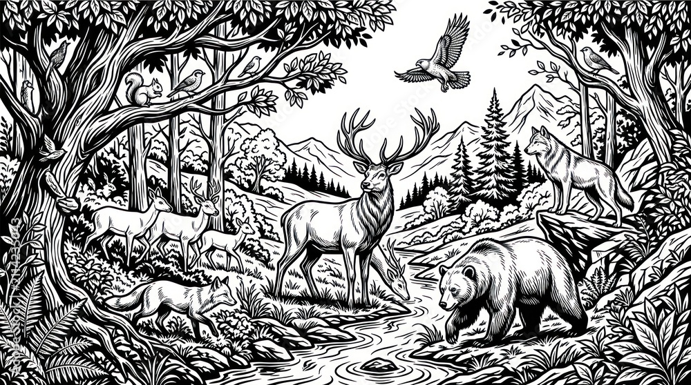 Obraz premium Majestic Deer and Bear in Woodland River Scene