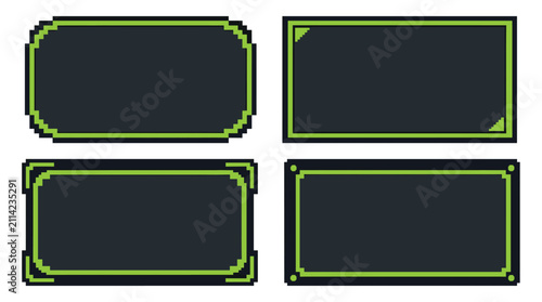 Retro video game themed frame set in pixel art style, contains rectangular boxes, rounded corners, borders, and UI elements