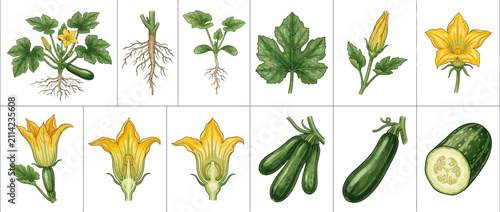 Zucchini Plant Life Cycle Botanical Illustration Set